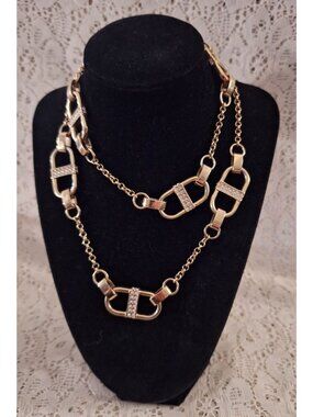 EUC Anne Taylor Gold-Tone Double Chain Link Necklace With Rhinestone Accents